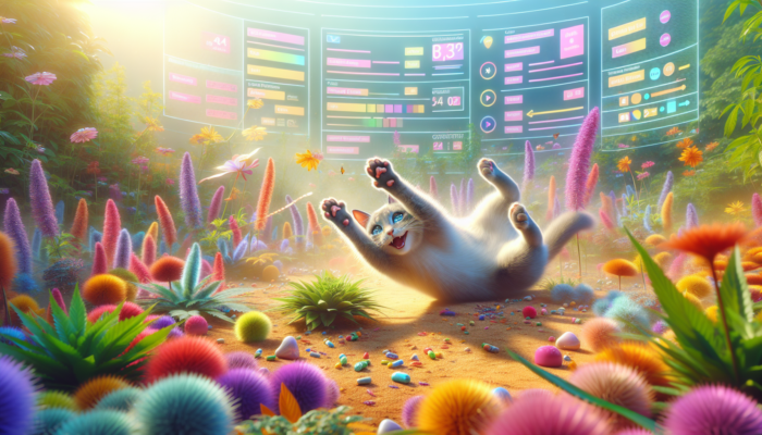 A cat joyfully playing and rolling among colourful catnip plants in a whimsical garden, glowing softly.