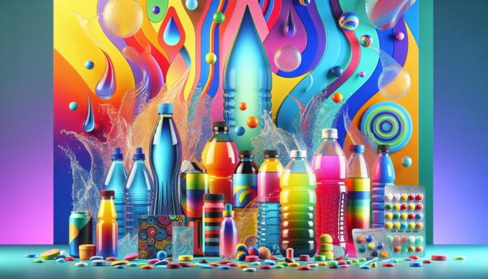 A colourful display of water bottles, sports drinks, and electrolyte tablets with water droplets.