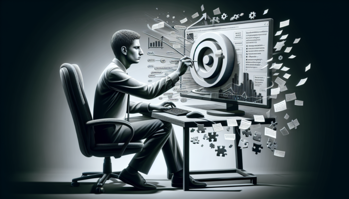 Person configuring Google Business Analytics, looking frustrated, overlooking crucial steps like goal setting and tracking code installation.
