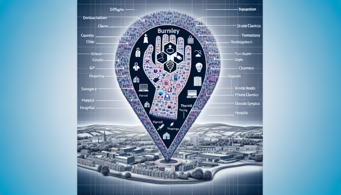 Map of Burnley showing locations for thyroid testing at GP surgeries, private clinics, and hospitals.