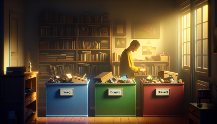 Individual sorting through sentimental items into 'keep', 'donate', 'discard' boxes, reflecting in a softly lit room.