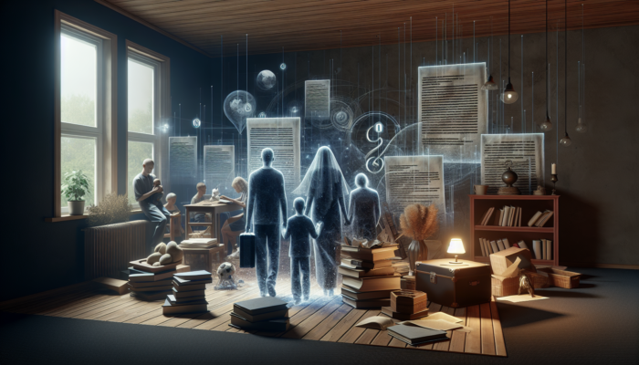 Family amidst legal documents and personal items, navigating the complexities of probate and estate clearance.
