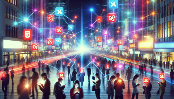 A bustling city street with glowing Yelp profiles on billboards, enhancing local SEO as crowds use smartphones.