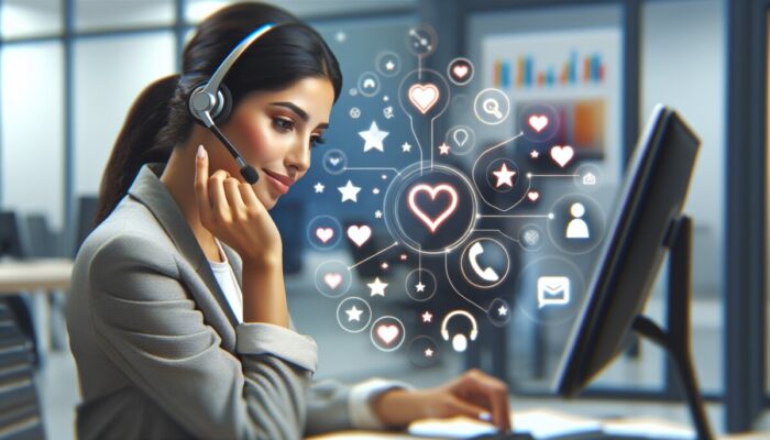 A customer service representative attentively listening with a headset, surrounded by stars and hearts in a bright office.