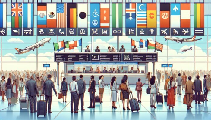 Diverse travellers at an airport using a multilingual kiosk, smiling and communicating, surrounded by international flags.