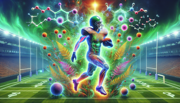 Athlete amidst ashwagandha plants, antioxidant molecules neutralizing free radicals, rugby field and martial arts dojo background.