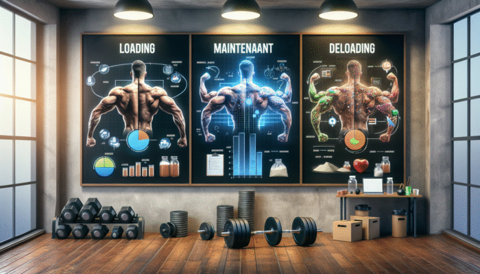 Periodizing Supplement Use for Gains: A fitness chart illustrating supplementation phases: loading, maintenance, deloading, with muscle growth and nutrient timing, in a gym setting.