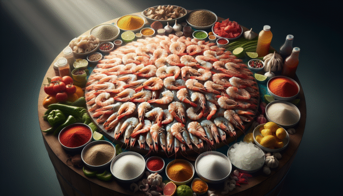 High-quality Gulf shrimp on a seafood market counter, surrounded by taco spices and ingredients.