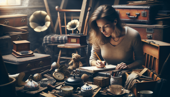 A person assessing a cluttered attic, inventorying vintage items to evaluate their value.