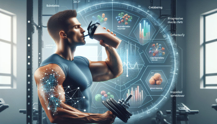 Athlete consuming a creatine and carbohydrate shake, with recovery charts in a gym.