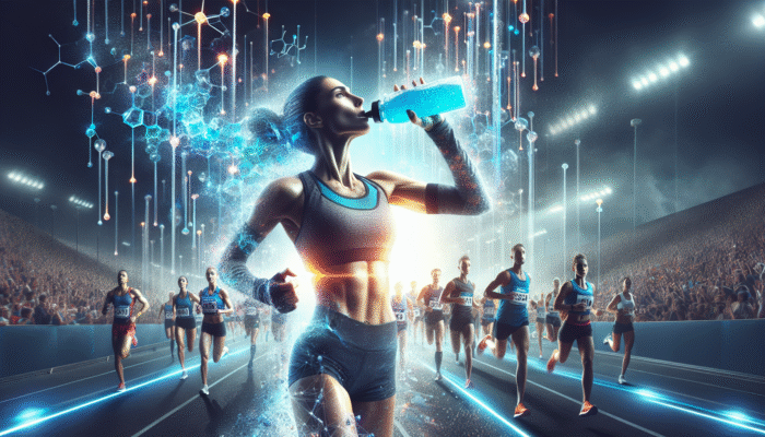 Athlete drinking blue sports drink, surrounded by water droplets and glowing creatine molecules, during a vibrant marathon.