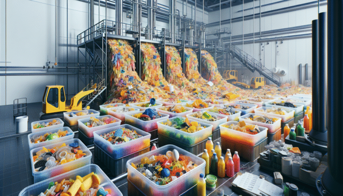 A variety of compostable materials, including transparent PLA containers from corn starch, in an industrial composting facility.