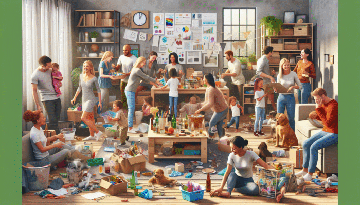 A lively decluttering party with friends, family, children, and pets, enjoying refreshments and sorting items together in a cozy home.