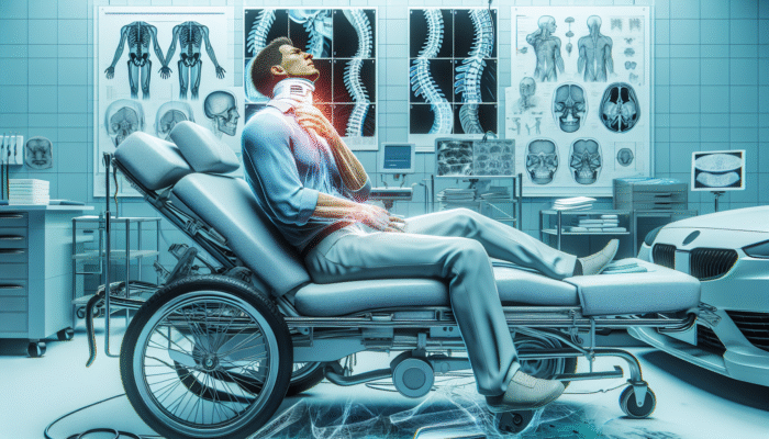 Person with neck pain and stiffness post-car accident, showing whiplash motion, with medical diagrams.