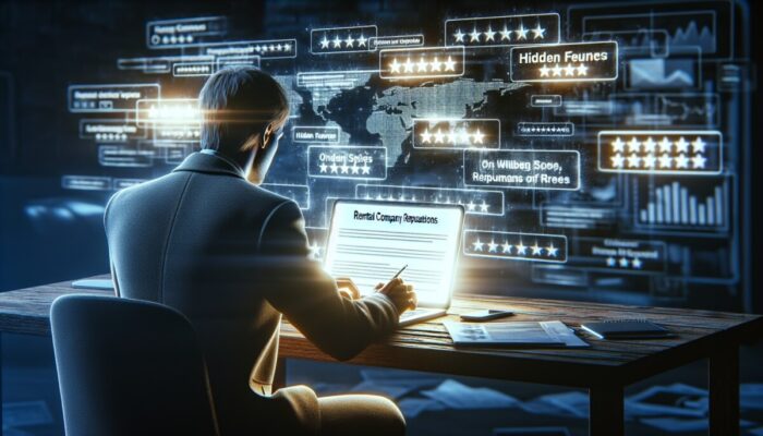Individual researching rental company reputations on a laptop with review platforms open, analysing feedback trends.
