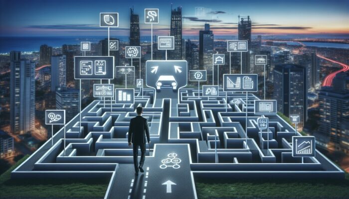 Individual confidently navigating a maze symbolising rental car policies in a contemporary cityscape at dusk.