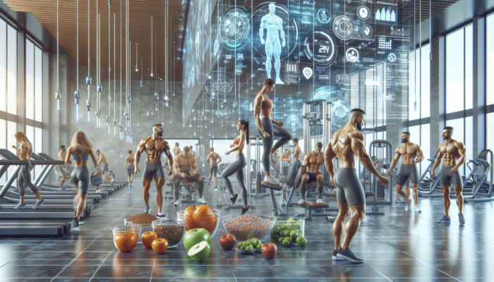 Diverse athletes in a modern gym eating protein-rich foods, showing muscle growth and repair.