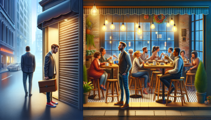 Customer frustrated at closed café due to outdated hours; successful café bustling with accurate online information.