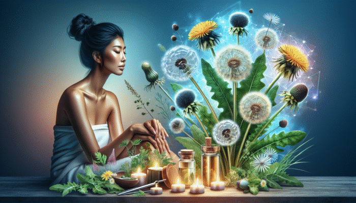 A person in a spa surrounded by detoxifying herbs, glowing with vibrant energy and vitality.