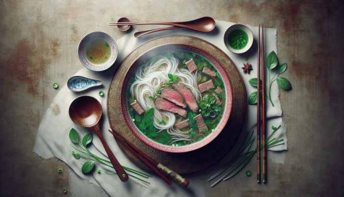 A steaming bowl of Pho with broth, noodles, herbs, and beef, on a Vietnamese table with chopsticks.
