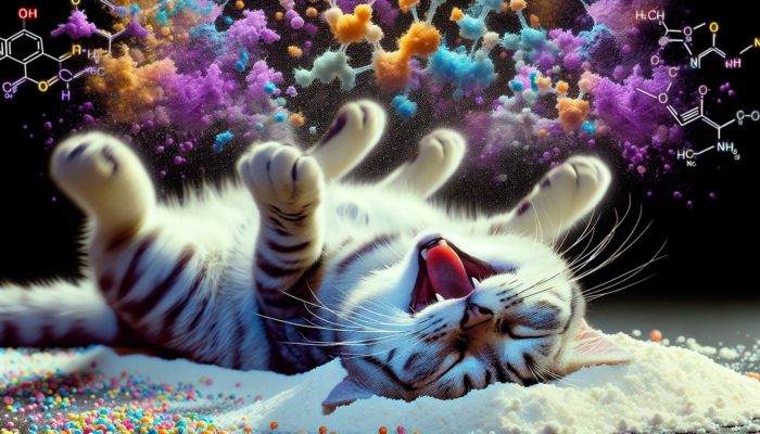 A cat rolling and pouncing playfully, surrounded by nepetalactone molecules, in a state of catnip-induced euphoria.