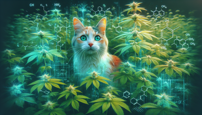 A curious cat amidst green catnip plants, with a scientific diagram showing chemical and genetic structures.