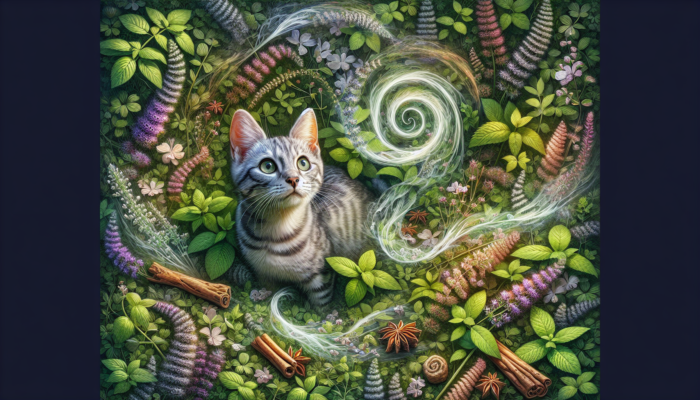 A cat surrounded by catnip, silver vine, and valerian root, each with swirling essences.
