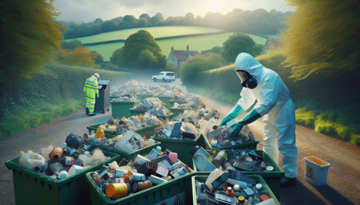 Person in hazmat suit sorting hazardous waste into bins, UK countryside, environmental officer overseeing.