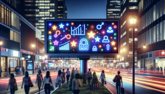 A vibrant digital billboard displaying a small business's optimised Google Business Profile on a lively city street at dusk.