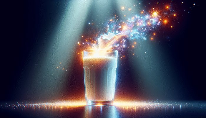 A glass of milk with glowing calcium and phosphorus particles, symbolizing casein protein's role in enhancing bone density and preventing fractures for athletes.