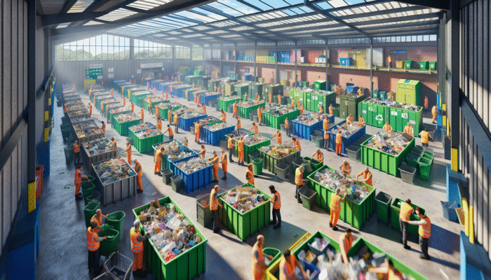 UK recycling center with bins for paper, plastic, glass, workers and citizens sorting waste under a bright sky.