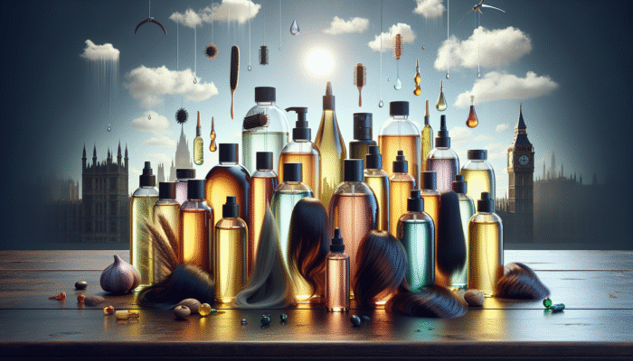 An array of hair oil bottles on a wooden table, labelled with benefits for various hair types against a backdrop of the UK weather.