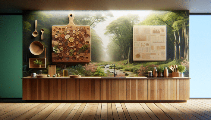 A sustainable kitchen scene featuring a wooden cutting board made from maple, walnut, and cherry, amidst a sustainably managed forest.