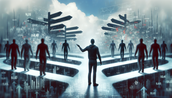 How to Leverage Debt Consolidation for Investments: A Guide | DCL A person at a crossroads relieved as multiple debts merge into one clear path, with financial charts.