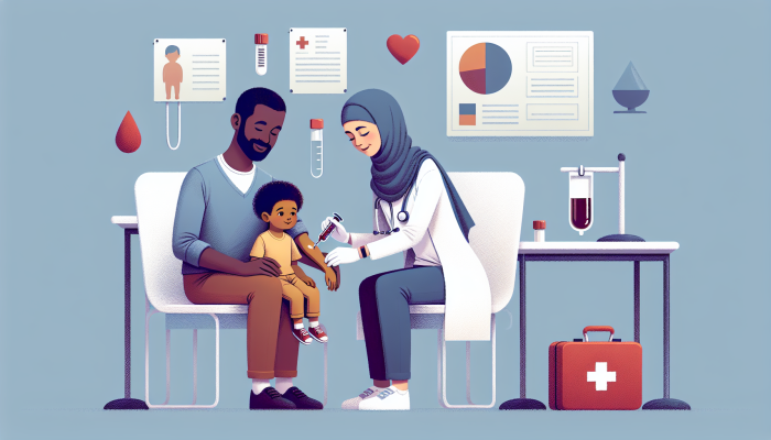 Child Blood Test Preparation: A young child getting a blood test in a pediatric clinic, comforted by a parent and assisted by a smiling nurse.