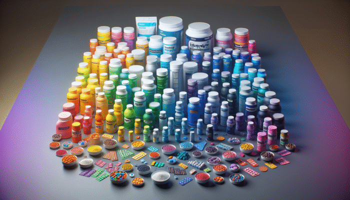 A vibrant selection of electrolyte supplements in powders, tablets, and drinks displayed on a table.