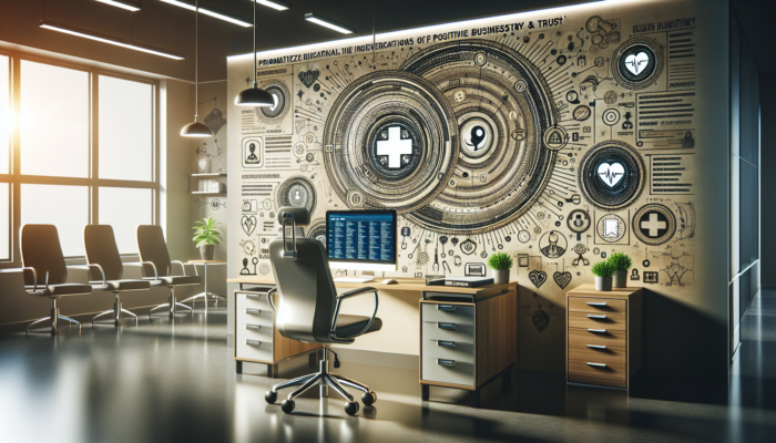 A contemporary office with a computer displaying a health directory, medical equipment, and customer reviews enhancing visibility and trust.