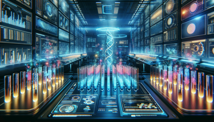 A futuristic lab featuring glowing test tubes and digital displays showcasing protein absorption data.
