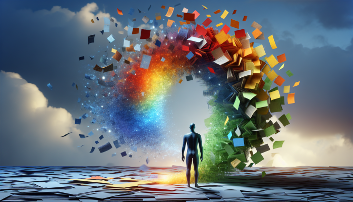A serene person consolidating colourful debt documents into a single, glowing folder under a hopeful sky.