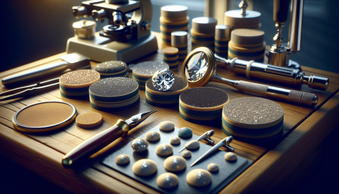 Diamond polishing pads of various grits displayed on a workbench with a loupe and diamond in a workshop.