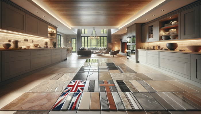 UK home interior with glossy ceramic, smooth porcelain, and textured natural stone tiles, each treated with appropriate sealers.