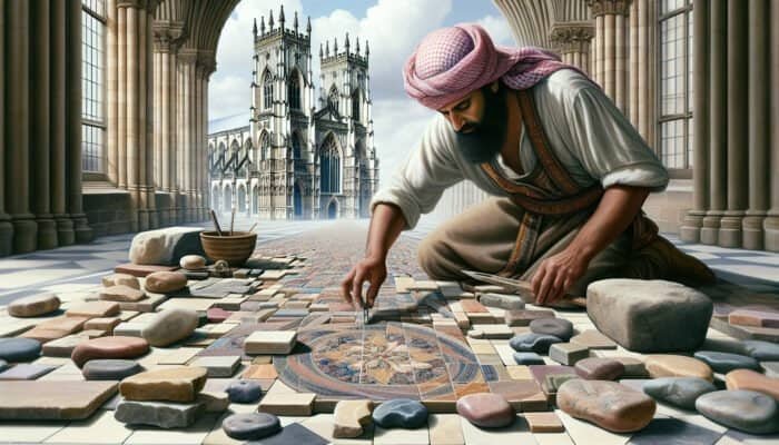 A historic UK stonemason crafting intricate stone tiles with local Scottish Borders stones, showcasing diverse colours and textures, against the backdrop of York Minster, blending tradition with modern curved tiling techniques.