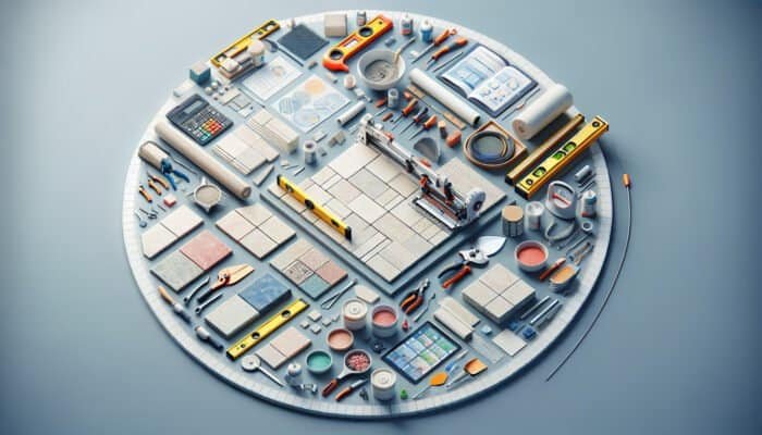 Ceramic tiles, tile cutter, grout, trowel, and level neatly arranged on a workspace.