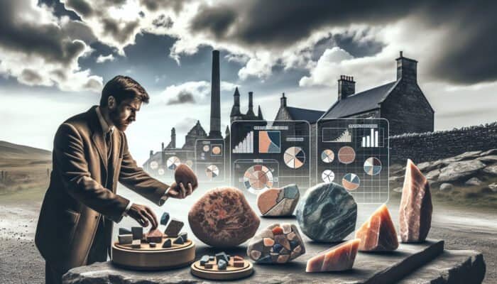 A stonemason examines local stones at a Scottish quarry, with traditional architecture in the background.
