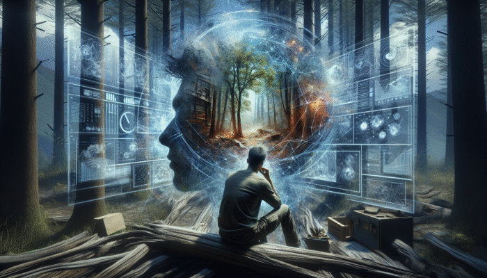 A person visualising survival scenario, constructing shelter in forest, enhancing skills.