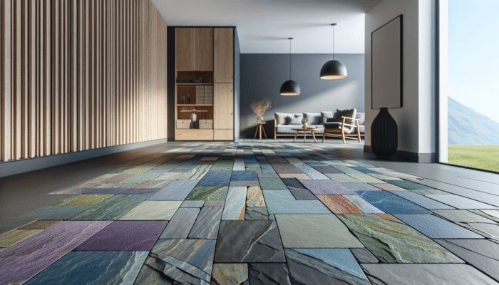 Slate Floor Upkeep: Welsh slate flooring in a modern UK home, showcasing a spectrum of deep blues, purples, greens, and greys.