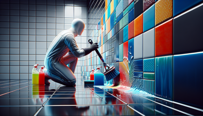A person cleaning grout between colourful bathroom tiles with a brush and solution in a modern bathroom.