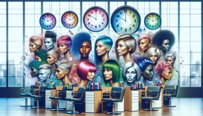 A salon interior with clocks and models showcasing various hair lengths and styles.