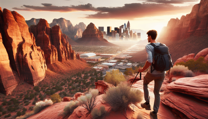 A solo traveller hiking in the red rock desert near Las Vegas, discovering tranquility and an adrenaline rush.