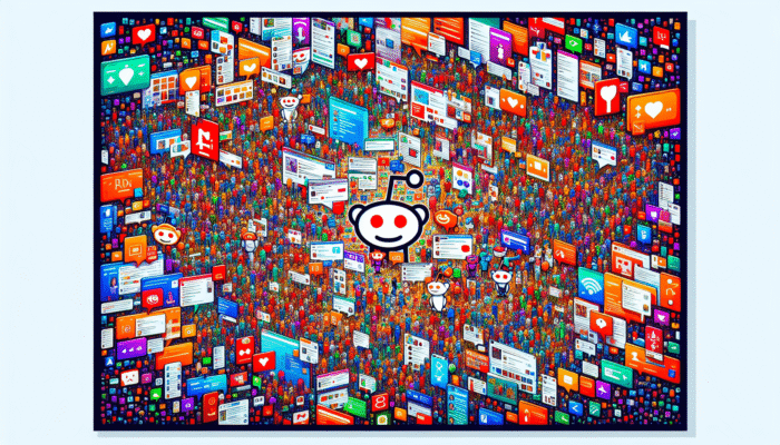 Engage in Local Reddit Communities for SEO: A vibrant collage showcasing Reddit's diverse subreddits and user interactions.